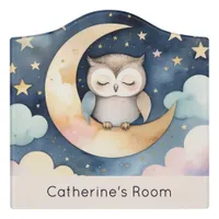 Cute Watercolor Owl Asleep on Moon Personalized Door Sign