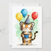 Cute Tiger & Cupcake Kid's Happy Birthday Flat Card