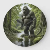 Bigfoot standing in a Creek Cartoon  Large Clock