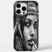 An Indian girl warrior adorned in vibrant feathers iPhone 16 Pro Max Case