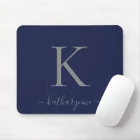 Chic Navy Blue Silver Monogram Script Mouse Pad
