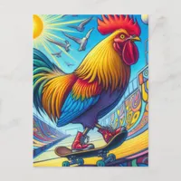 Skateboarding Rooster Surreal Colorful and Fun Postcard