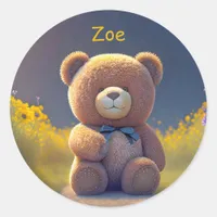 Teddy bear in a meadow, cute custom  classic round sticker