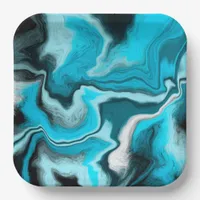 Blue, Black and White Marble Fluid Art    Paper Plates