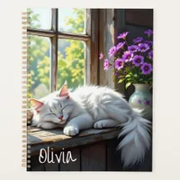 Napping White Cat and Purple Flowers Personalized Planner