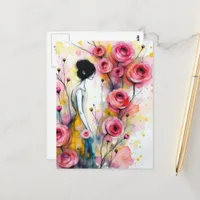 Woman In the Secrect Garden Pink Flowers Postcard