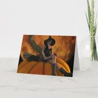 Witch and Cat on Giant Pumpkin  Card