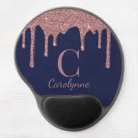 Navy Blue Rose Gold Sparkle Glitter Drips Monogram Gel Mouse Pad