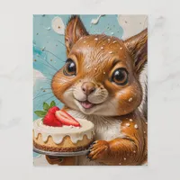 Adorable Squirrel With Strawberry Cake Postcard