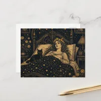 Fantasy Queen and Her Black Cat in Bed Postcard