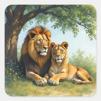 Lion and Lioness Under a Tree Square Sticker