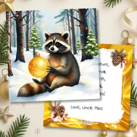 Cute Winter Raccoon with Gold Ornament Christmas Holiday Card