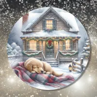 Puppy Asleep on Festive Front Porch Christmas Classic Round Sticker