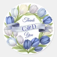 Elegant Watercolor Tulip Wreath Wedding Blue Ivory Classic Round Sticker