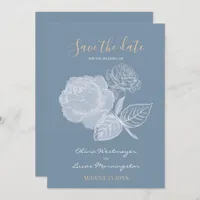 Dusty Blue Watercolor Gilded Rose  Save the Date Invitation