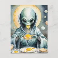 Funky Alien Eats Fried Eggs Runny Yolks Watercolor Postcard