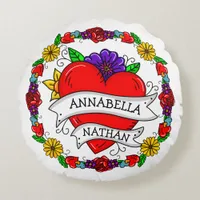 Romantic Couple's Gift | Tattoo Style Art   Round Pillow
