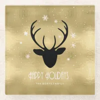 Deer Antlers Silhouette & Snowflakes Gold ID861 Glass Coaster