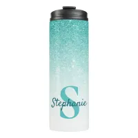 Glam Monogram Glitter Teal Ombre Thermal Tumbler