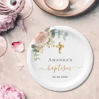 Baptism eucalyptus pink floral girl rose gold paper plates