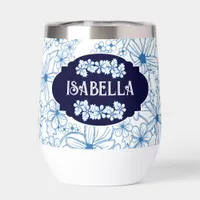 Personalized Name Feminine Blue Floral Pattern Thermal Wine Tumbler