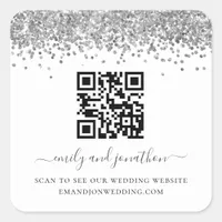 Silver Glitter QR Code Wedding Website Square Sticker