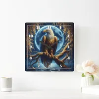 Eagle Perched On Branch Under Full Moon Square Wall Clock