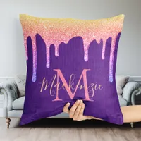 Purple Rainbow Sparkle Glitter Drips Monogram Throw Pillow
