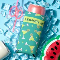 It's Margarita Time Retro Cocktail Patterned Blue Seltzer Can Cooler