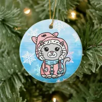 Personalized Cartoon Kitty Cat in Winter Hat    Ceramic Ornament