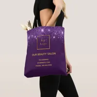 Purple silver glitter business logo beauty salon tote bag