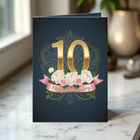 Navy Peony Rose Ribbon 10th Wedding Anniversary Card