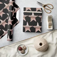 Elegant rose gold metallic look stars black wrapping paper