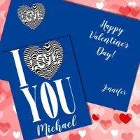 I love you black and white striped heart on blue holiday card