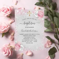 Baptism silver pink girl floral glitter invitation