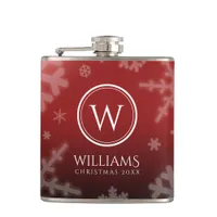 Festive Red Foil Snowflakes Monogram Name Flask