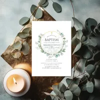 Watercolor Geometric Eucalyptus Baptism Invitation