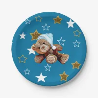 Blue and Gold Teddy Bear and Stars Paper Plates