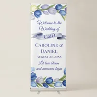 Elegant Watercolor Tulip Wreath Wedding Blue Ivory Retractable Banner