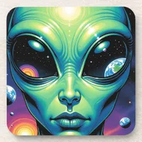 Alien Face with Planets Reflections in Eyes Beverage Coaster