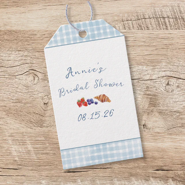 Elegant Blue Gingham Summer Brunch Bridal Shower Gift Tags