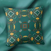 Vibrant Teal Orange Folk Art Floral Throw Pillow