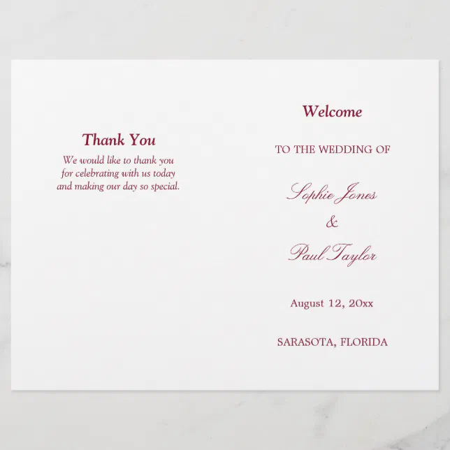 Burgundy Script Bi-Fold Wedding Program