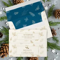 Elegant Gold Winter Leaves Blue Envelope