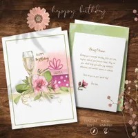 Chic Watercolor Pink Magnolia Champagne Birthday Card