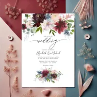 Burgundy, Blush, and Dusty Blue Floral Wedding Invitation