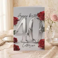 Metallic Silver Red Roses Milestone 40th Birthday  Card