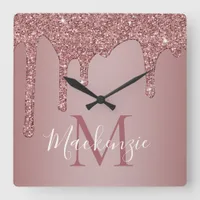 Chic Rose Gold Sparkle Glitter Drips Monogram Square Wall Clock