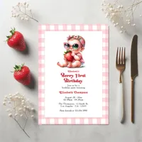 Pink Gingham & Strawberry Berry 1st Birthday Party Invitation