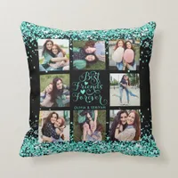 Black Teal Glitter Glam Best Friends Photo Collage Throw Pillow